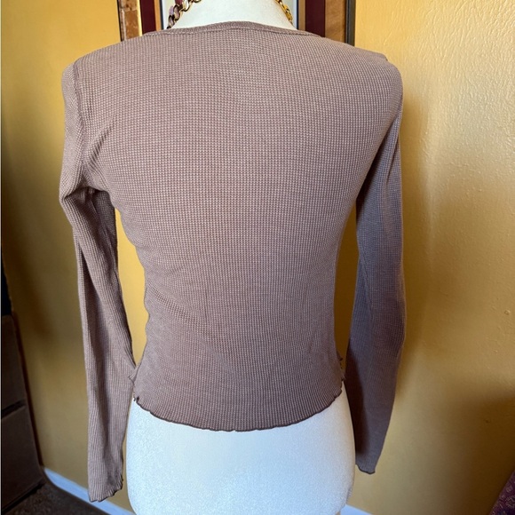 SO Women's Long Sleeve Waffle Knit Top - Beige - Picture 2 of 4
